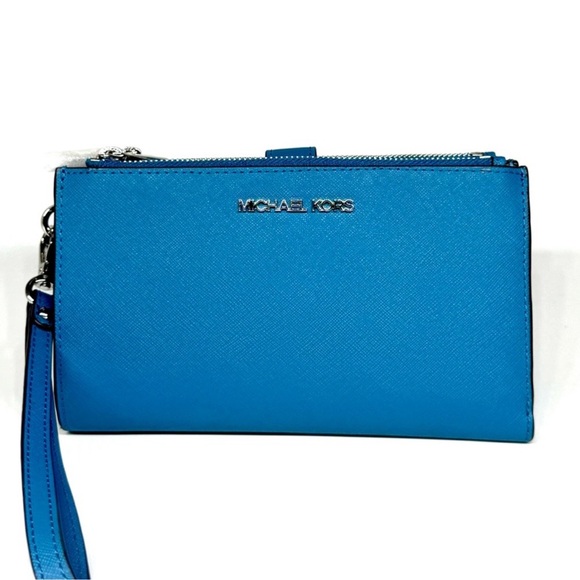 Michael Kors Large Jet Set Travel Logo Double Zip Wallet - Teal - Picture 1 of 7